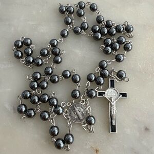 Black Beaded Rosary with Silver Cross